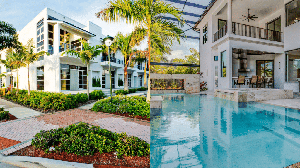 Luxury Commercial Building on the left and a luxury home with a pool on the right in Florida 