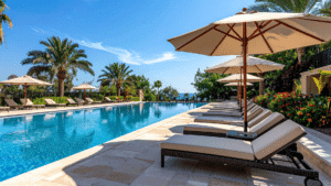 Resort Pool with pool loungers and umbrellas on the right